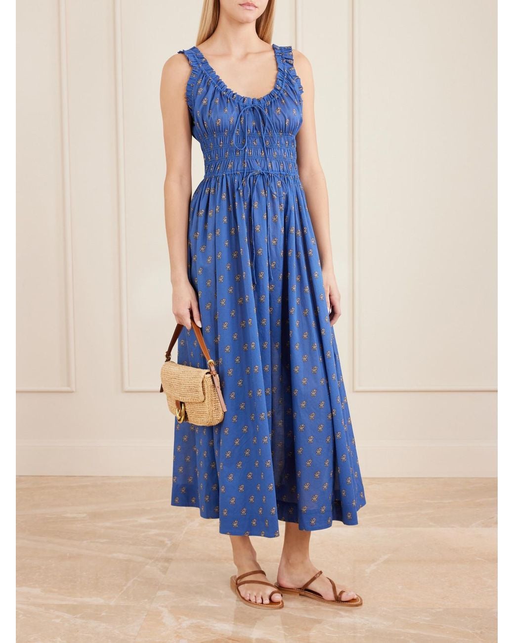 Doen Blue Emmaretta Shirred Floral-Print Cotton Midi Dress