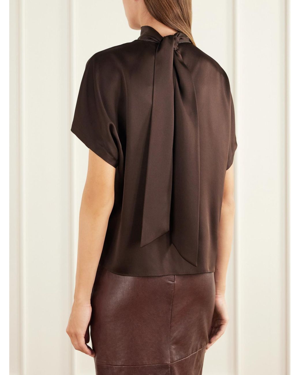 Brunello Cucinelli Brown Draped Silk-Satin Blouse