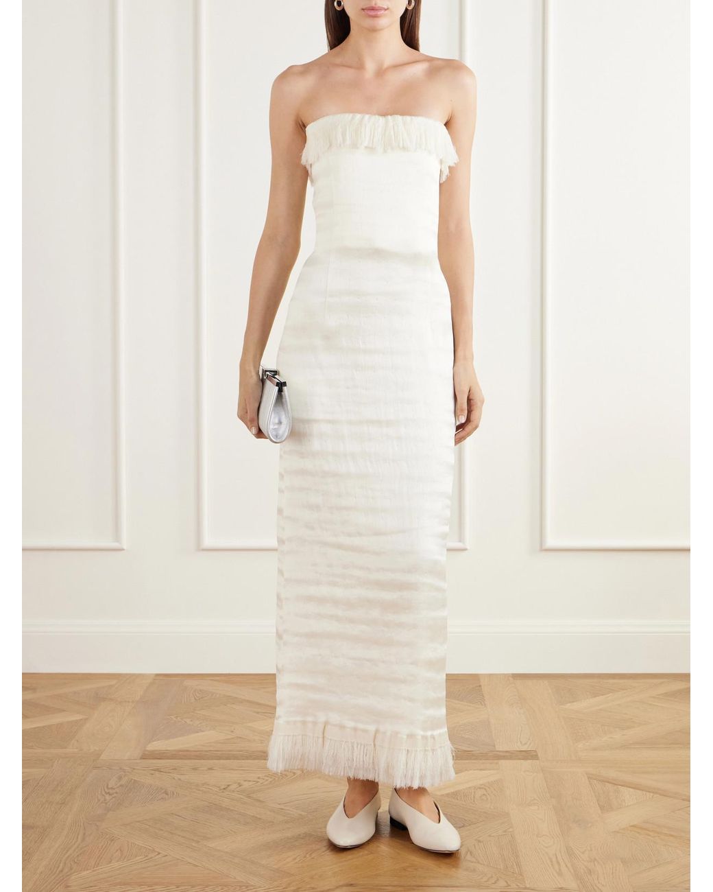 FFORME White Paloma Strapless Fringe-Trimmed Cotton-Blend Voile Maxi Dress