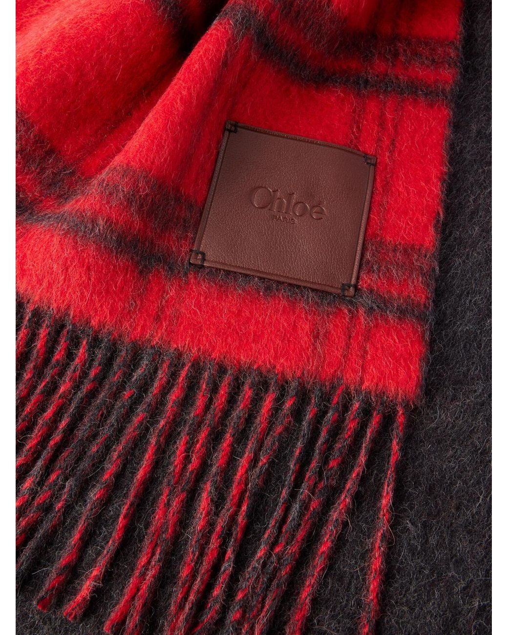 Chloé Red Logo-Debossed Fringed Checked Leather-Trimmed Alpaca And Wool-Blend Scarf