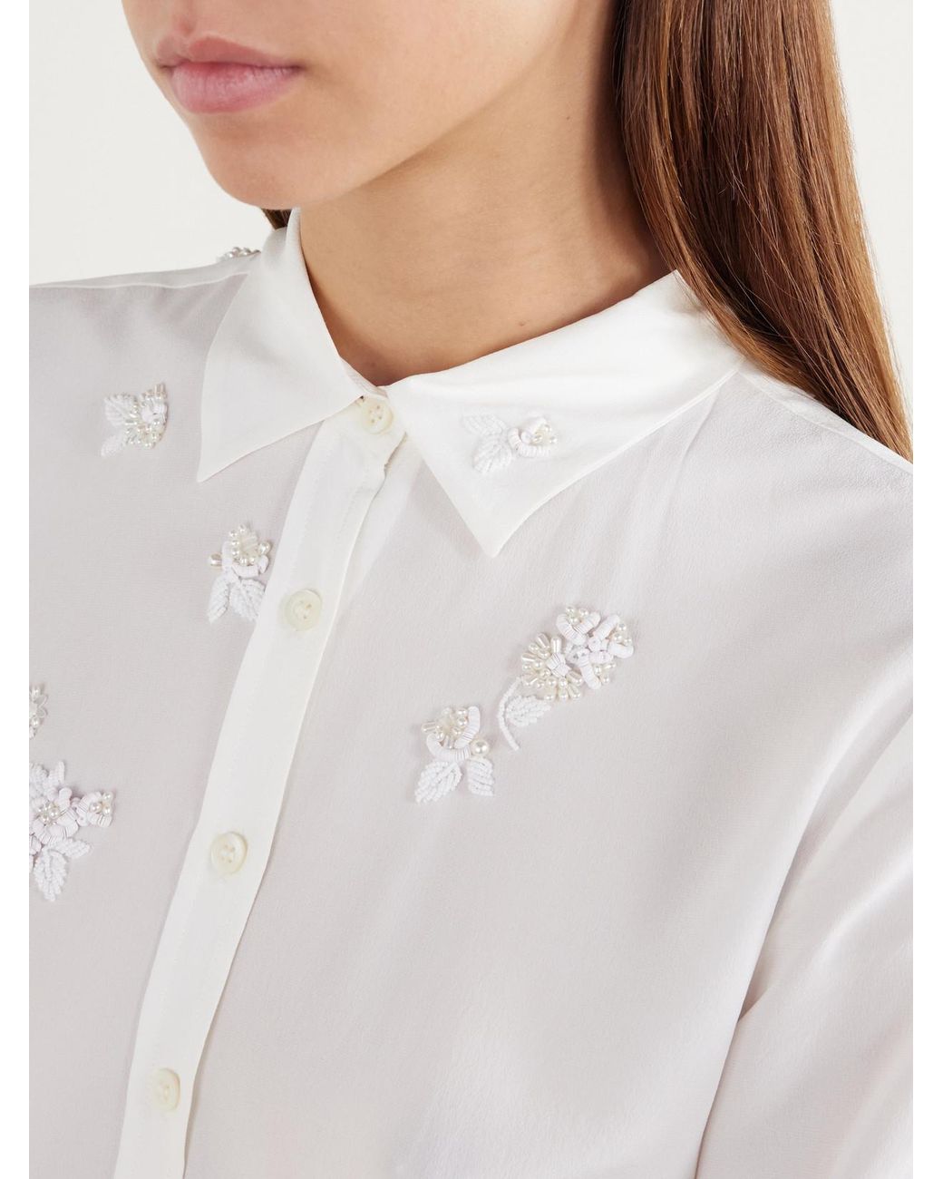 BERNADETTE White Baby Bead-Embellished Silk-Crepe De Chine Shirt