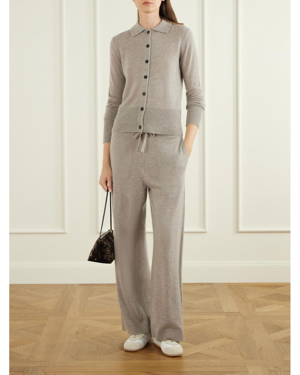 LeKasha Gray Suria Ribbed Organic Cashmere Wide-Leg Pants