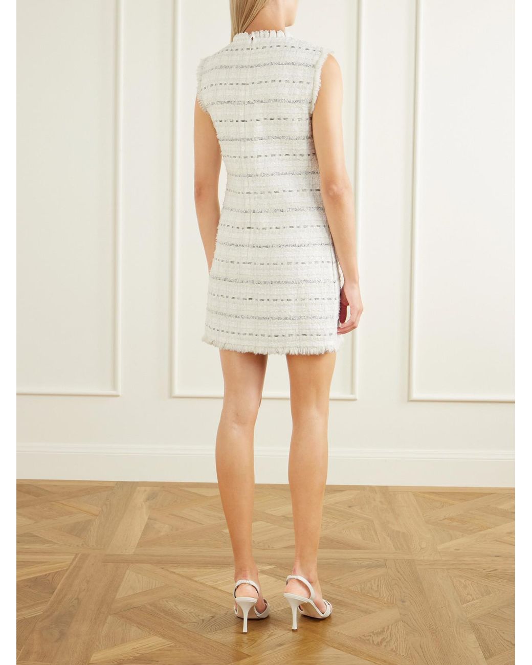 Self-Portrait White Embellished Frayed Bouclé Mini Dress