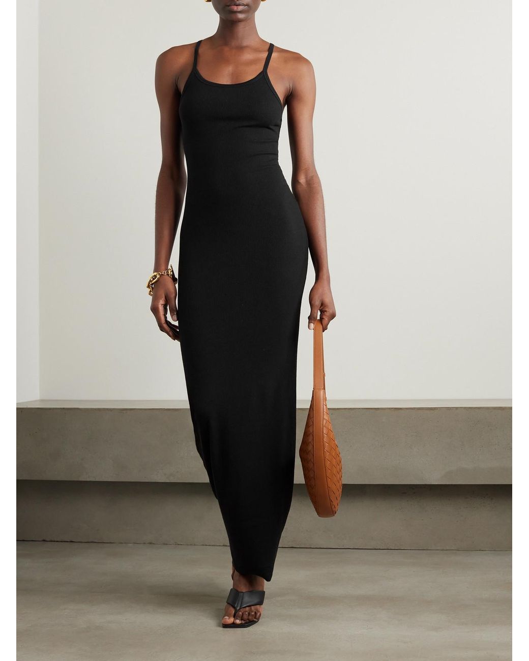 ÉTERNE Black Tank Ribbed Stretch-Jersey Maxi Dress