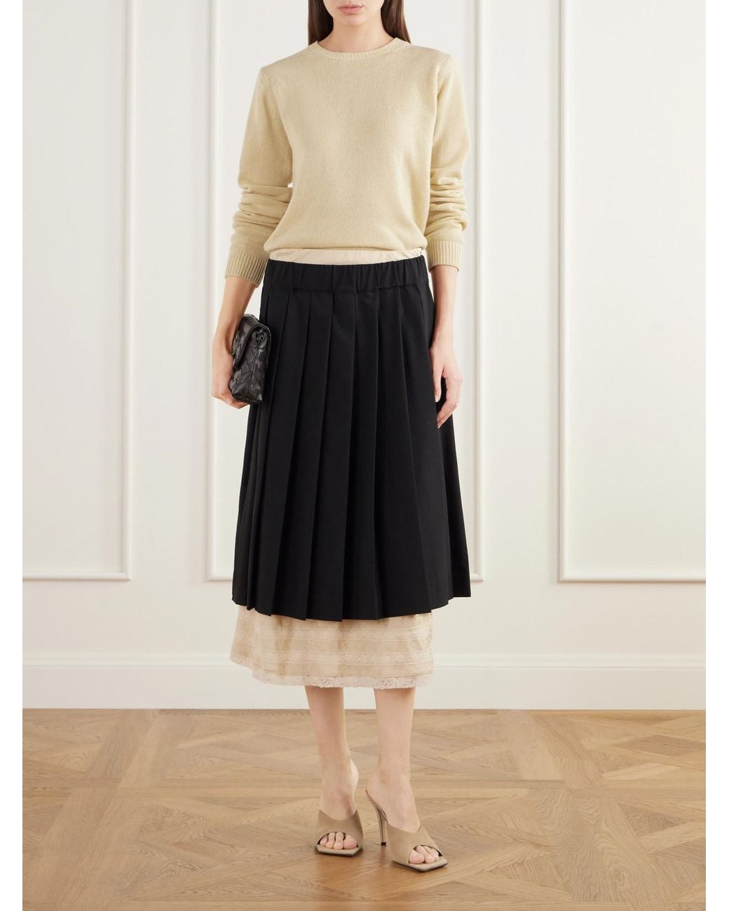 Sea Blue Kathleen Lace And Floral Jacquard-Trimmed Pleated Crepe Midi Skirt