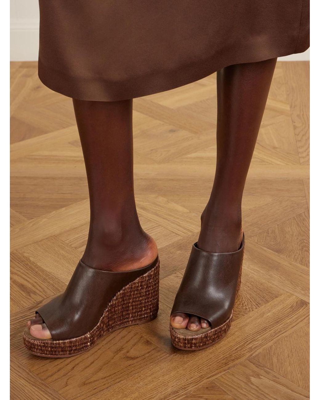 Brunello Cucinelli Brown Leather Platform Wedge Espadrille Sandals