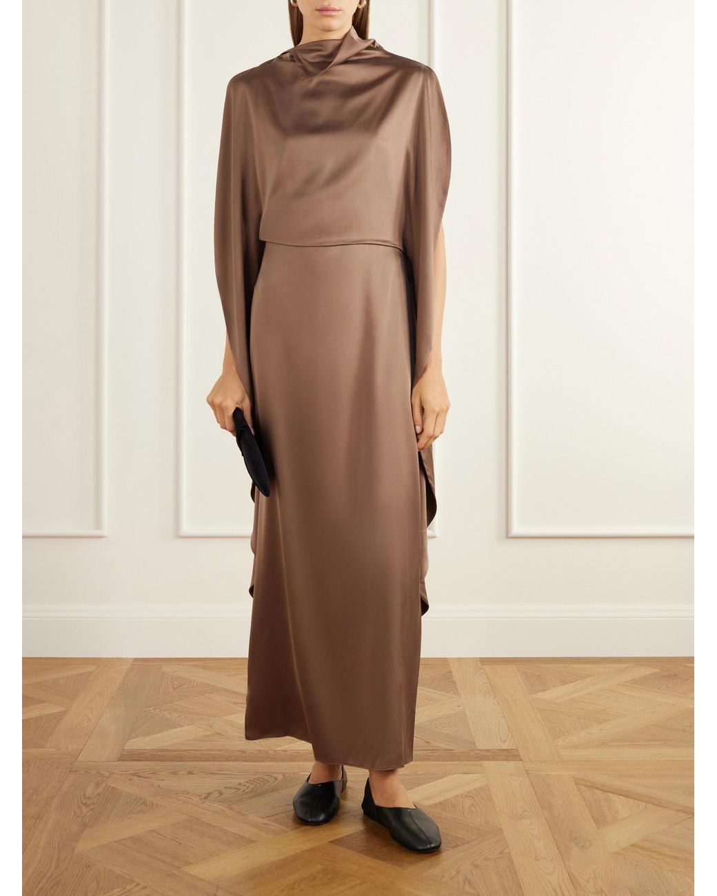 Ruohan Brown Ikra Cape-Effect Draped Silk-Habotai Maxi Dress