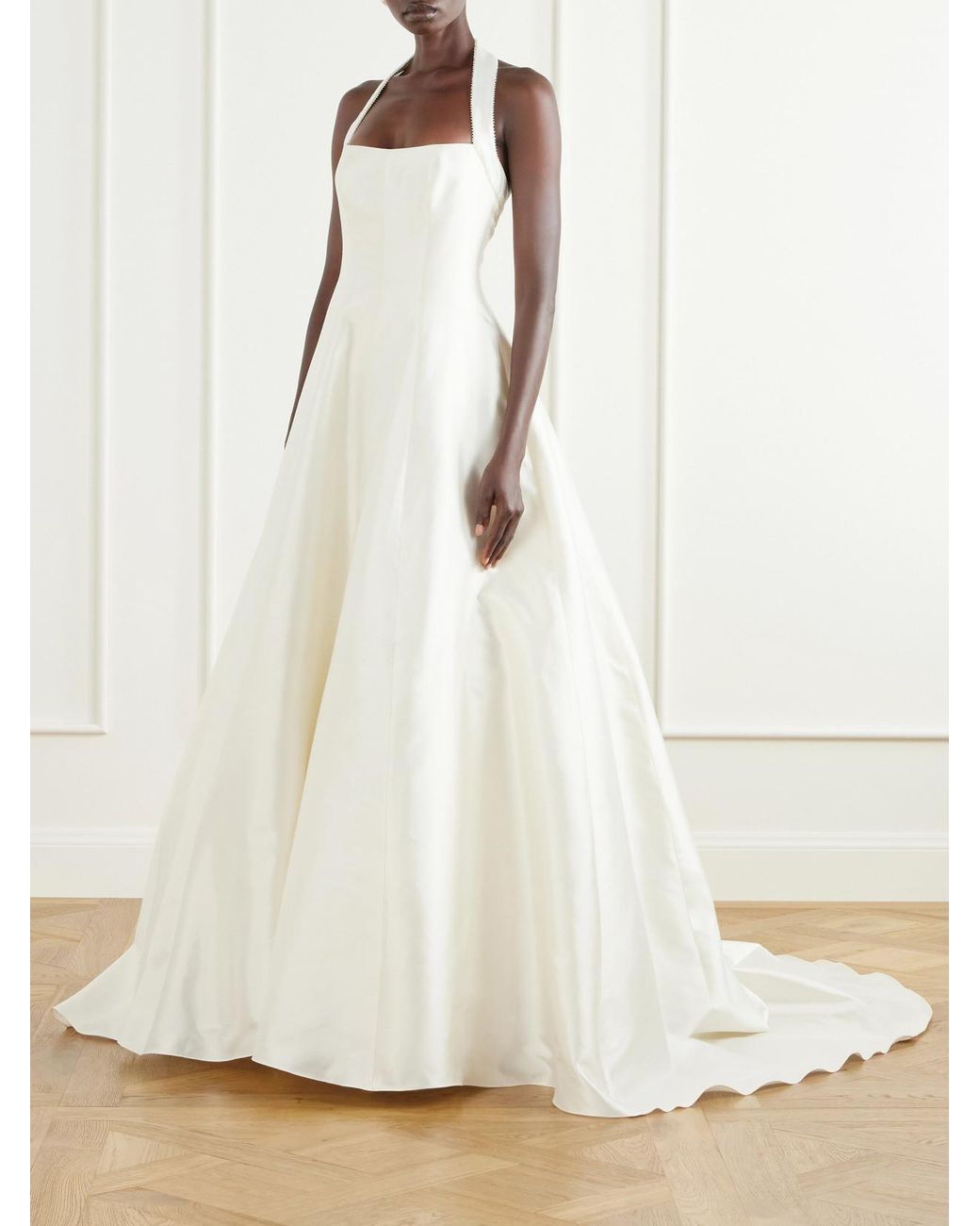 Danielle Frankel White Liz Halterneck Beaded Wool And Silk-Blend Twill Bustier Gown