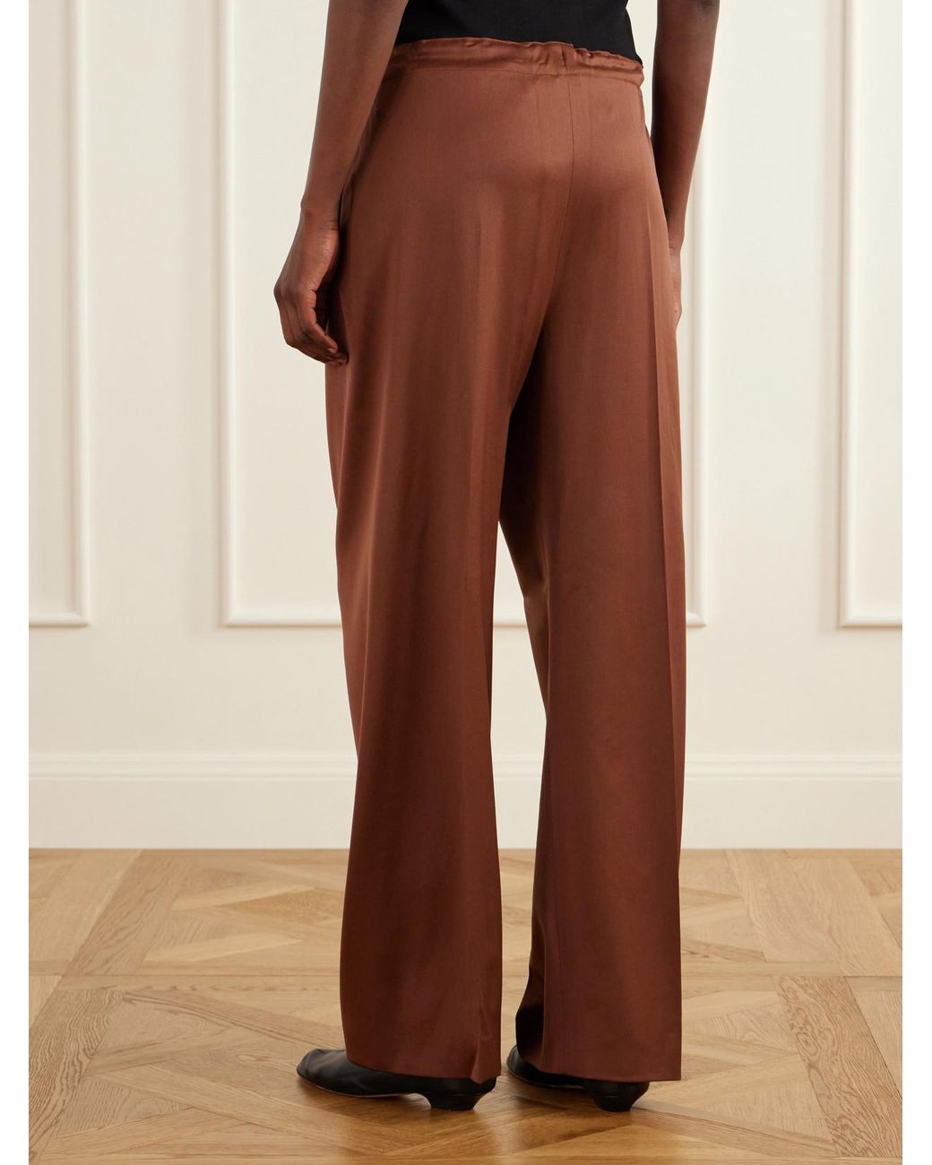 Another Tomorrow Brown Pleated Wool-Blend Straight-Leg Pants