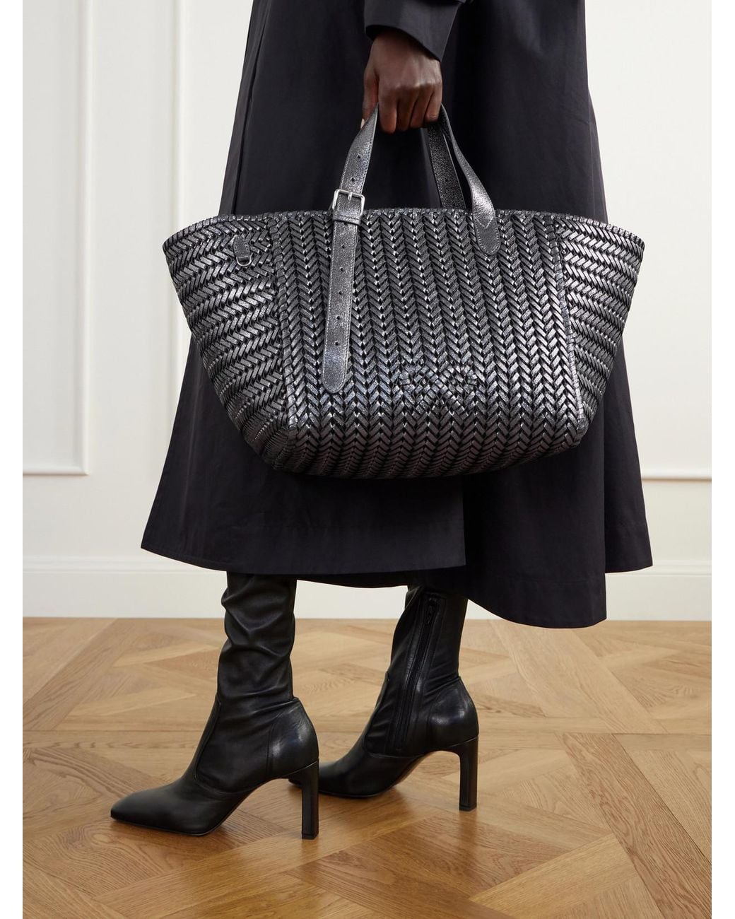 Anya Hindmarch Black The Neeson Square Woven Metallic-Leather Tote