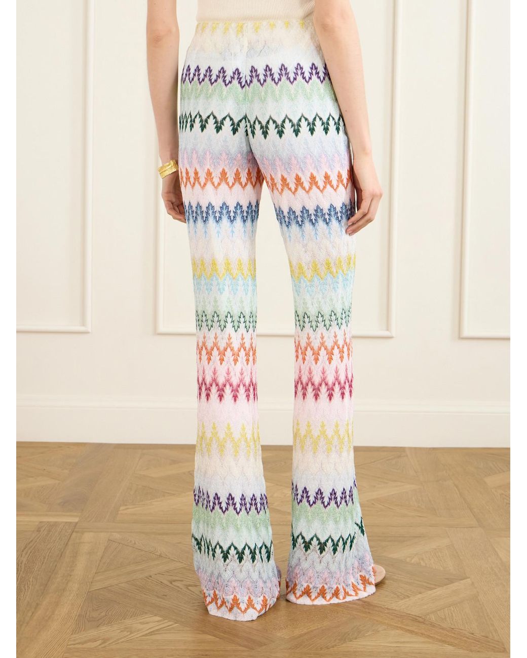Missoni White Striped Metallic Crochet-Knit Flared Pants