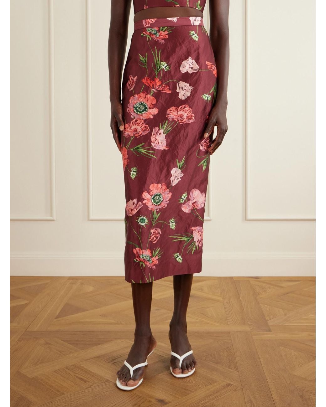 Erdem Red Floral-Printed Satin Midi Skirt