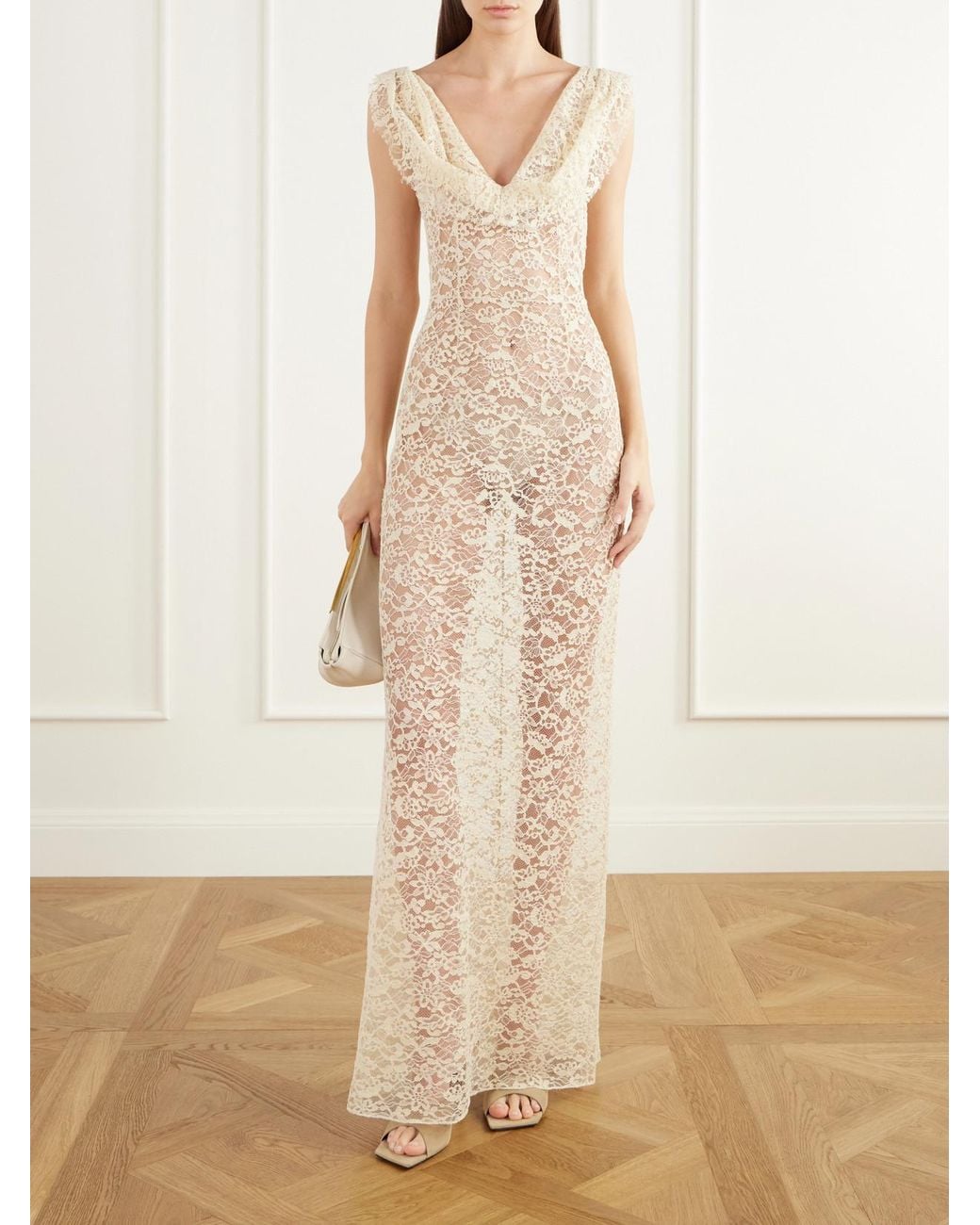 Colleen Allen White Draped Corded Lace Cotton-Blend Gown