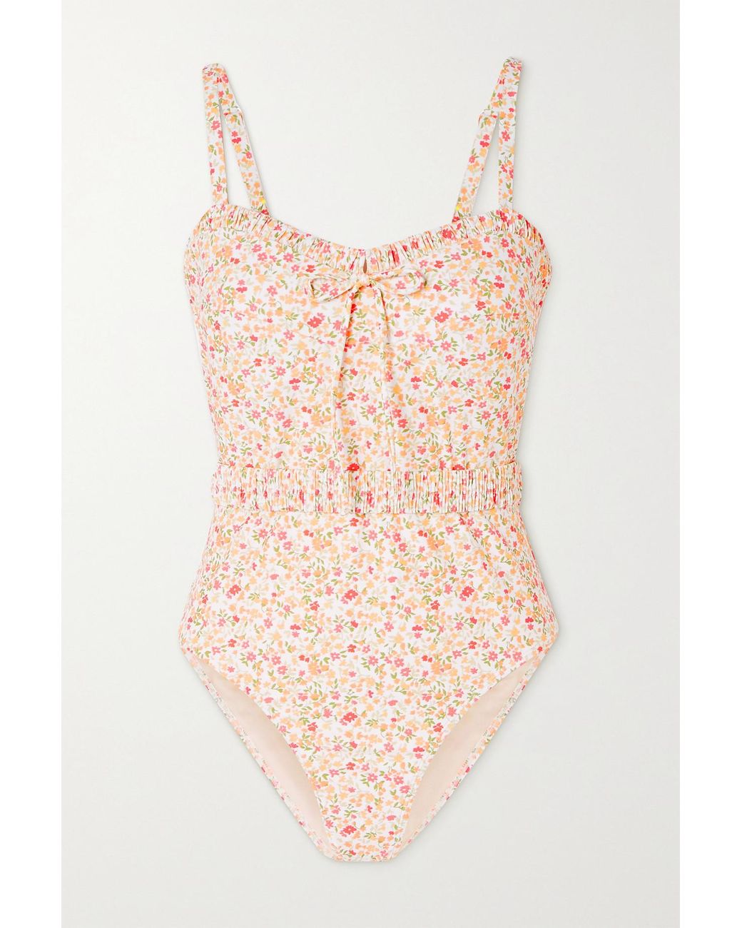 Peony + Net Sustain Vacation Ruched Floral-print Stretch-econyl Swimsuit in  Pink | Lyst