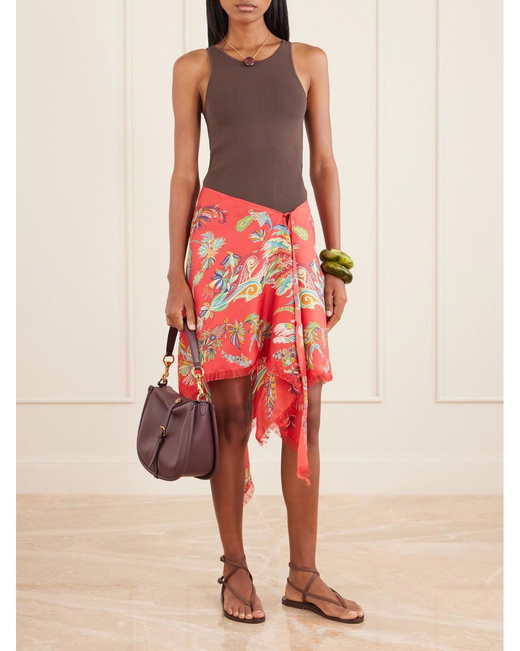 Etro Red Frayed Printed Twill Pareo
