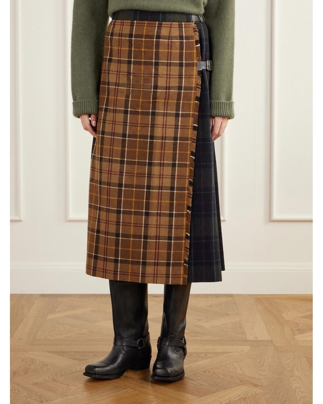 Barbour Brown Hazelwood Two-Tone Pleated Checked Flannel Midi Skirt