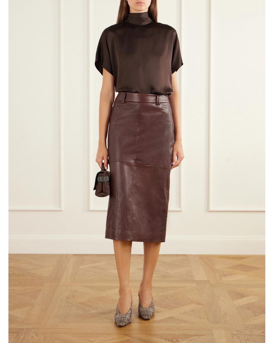 Brunello Cucinelli Brown Draped Silk-Satin Blouse