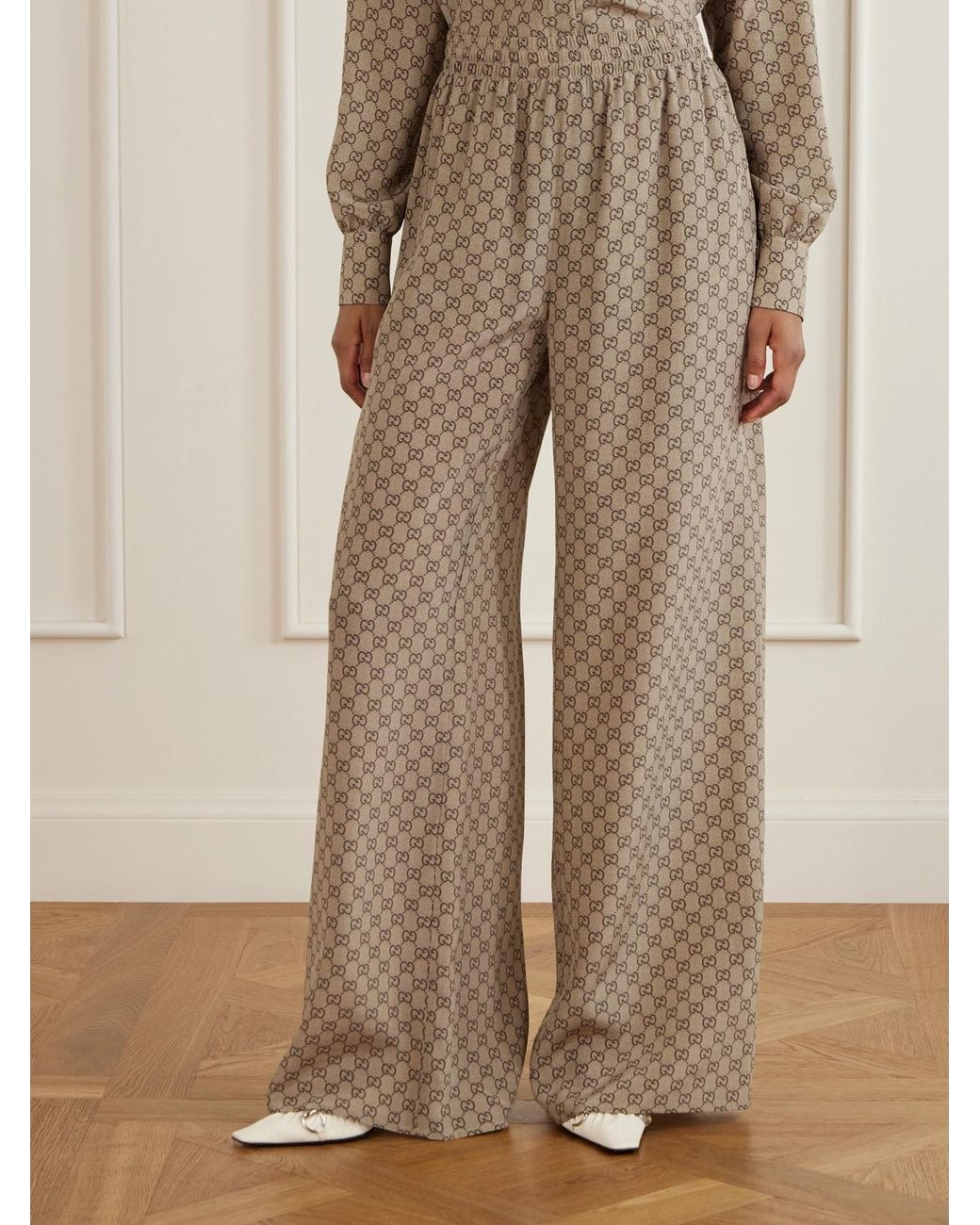 Gucci Natural Gg Supreme Printed Silk Wide-Leg Pants
