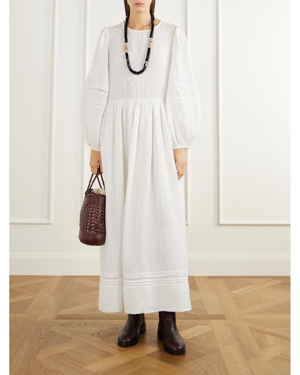 SKALL White Velina Gathered Floral-Embroidered Lace-Trimmed Linen Midi Dress