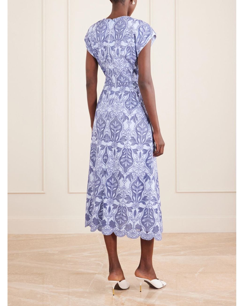 Rebecca Vallance Blue Blooming Lanterns Scalloped Embroidered Cotton Midi Dress