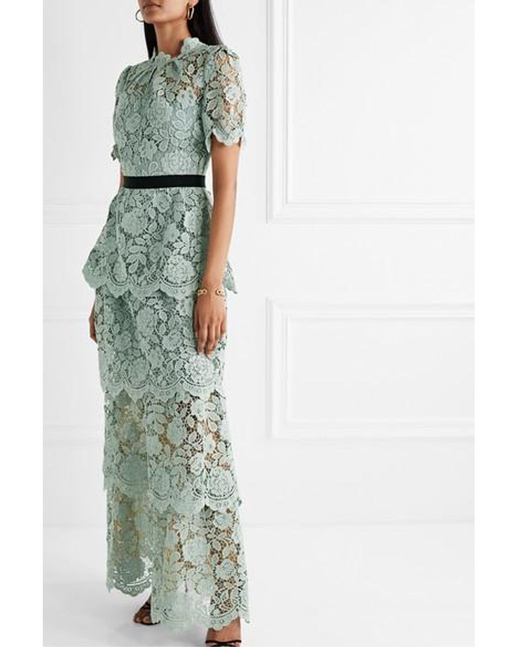 Self-Portrait Grosgrain-trimmed Tiered Corded Lace Maxi Dress in Green |  Lyst