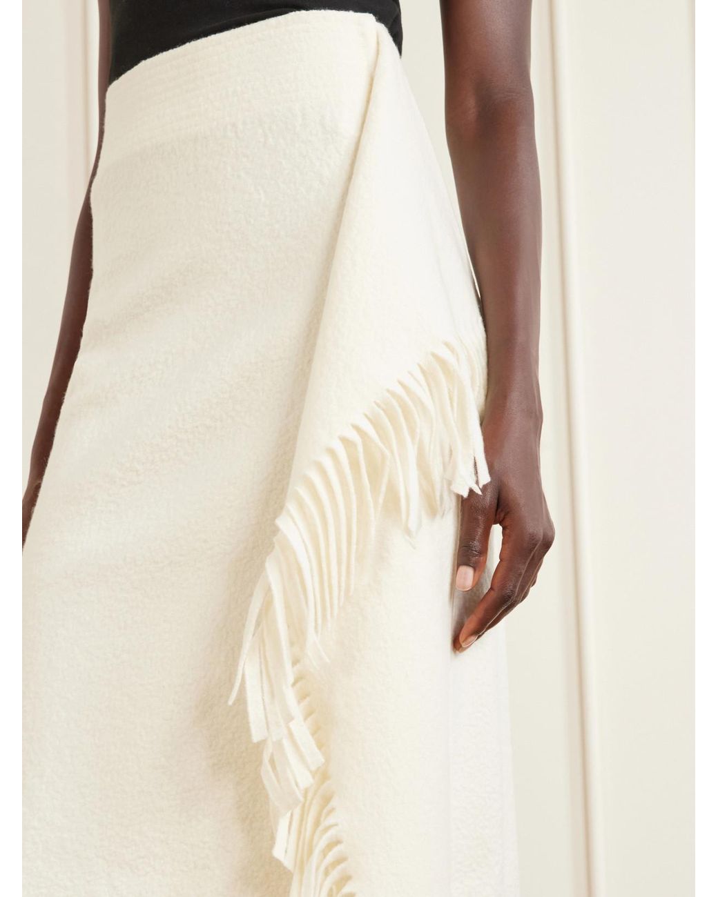 Lanvin White Fringed Wool-Blend Midi Skirt