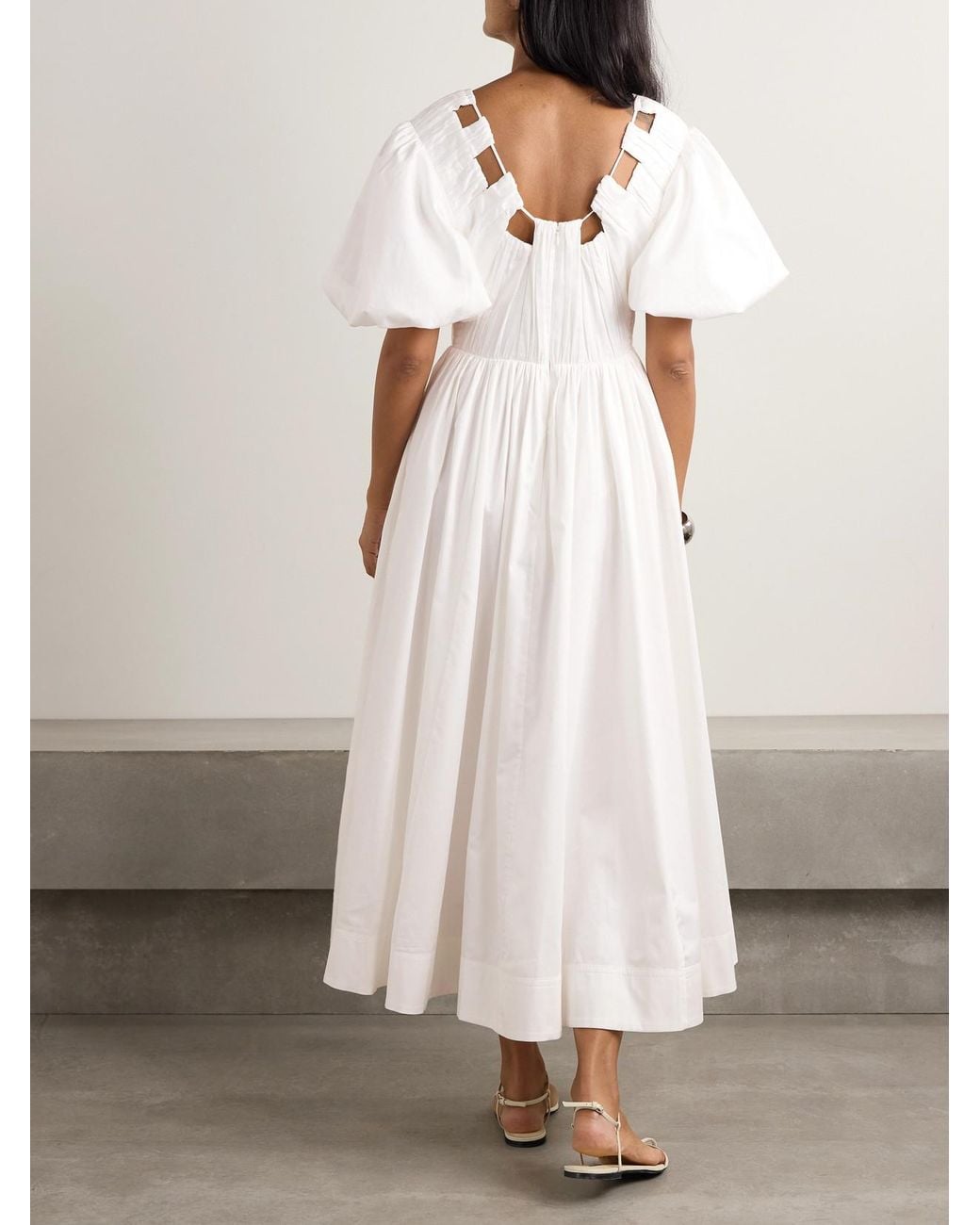 Aje. Esmerie Gathered Organic Cotton-Poplin Midi Dress in White | Lyst