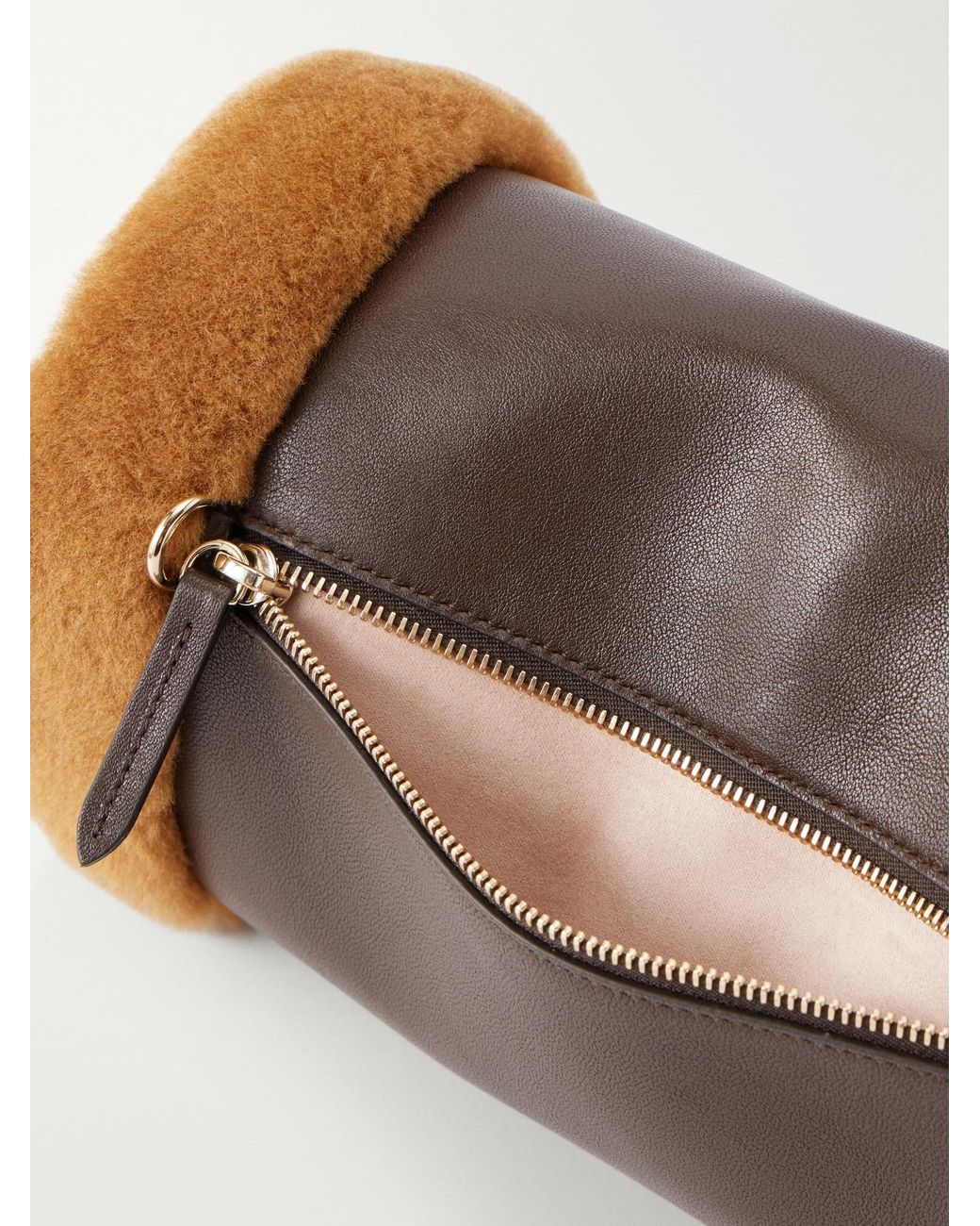 Jimmy Choo Brown Logo-Embroidered Shearling-Trimmed Leather Handwarmer