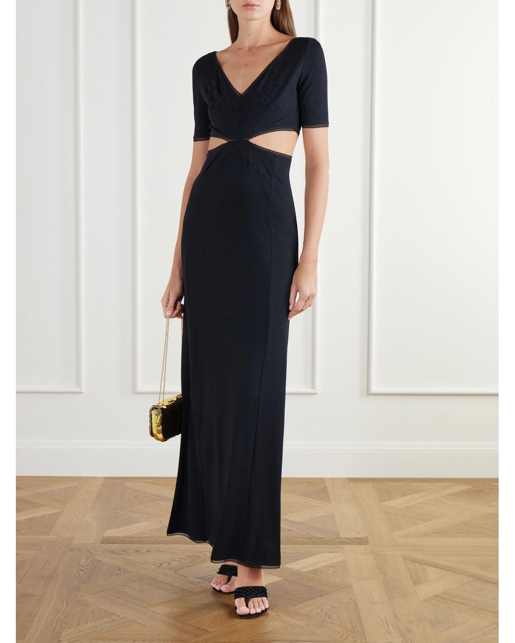 Rabanne Black Cut-Out Lace-Trimmed Crepe-Satin Maxi Dress