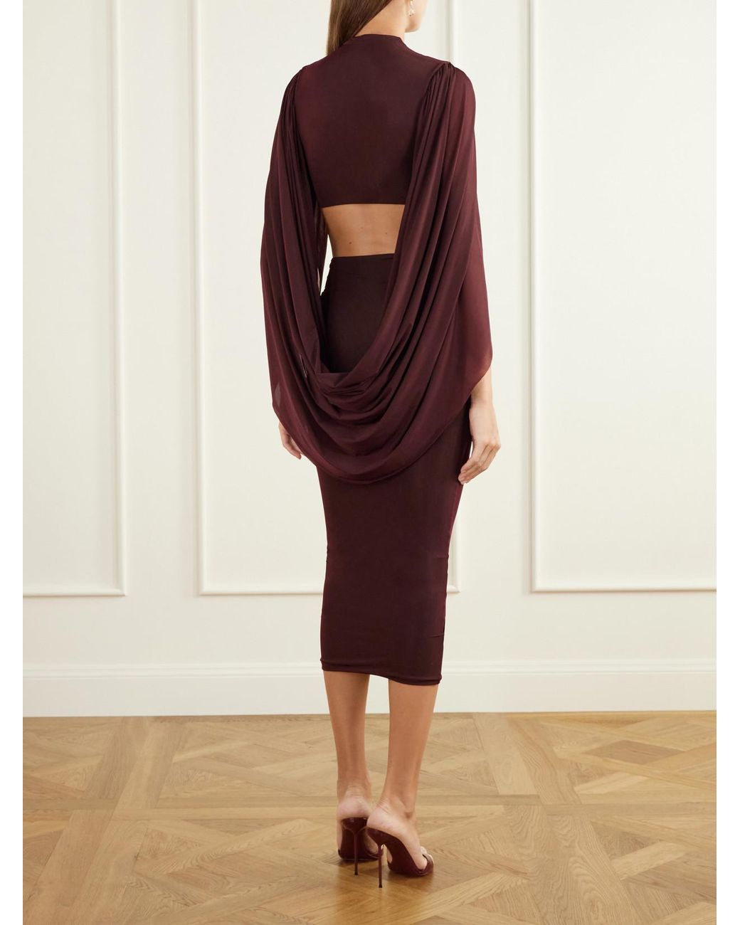 Maygel Coronel Red Apertura Cape-Effect Chiffon-Trimmed Jersey Top And Skirt Set
