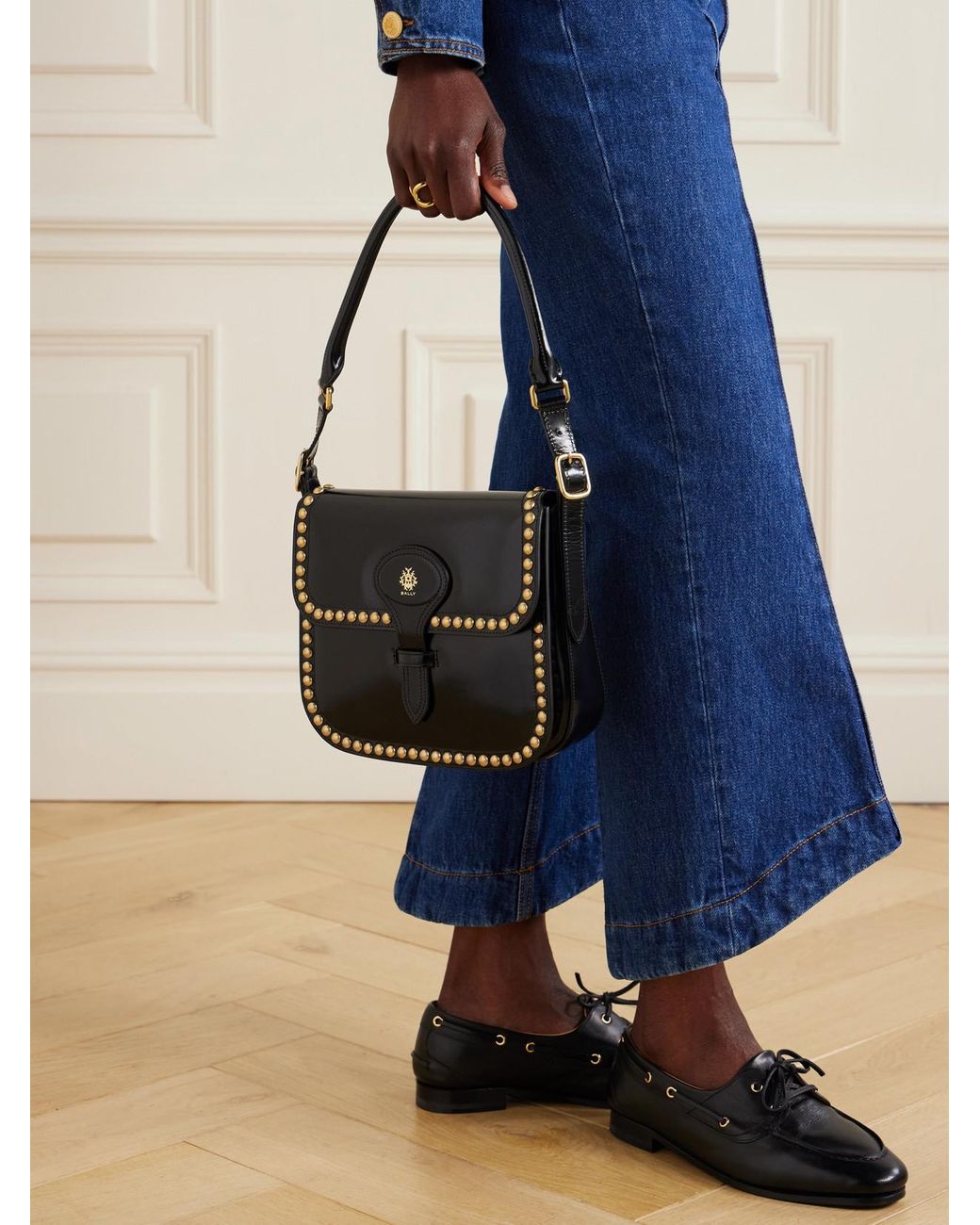 Bally Beckett Flat Medium Studded Glossed-Leather Shoulder Bag in