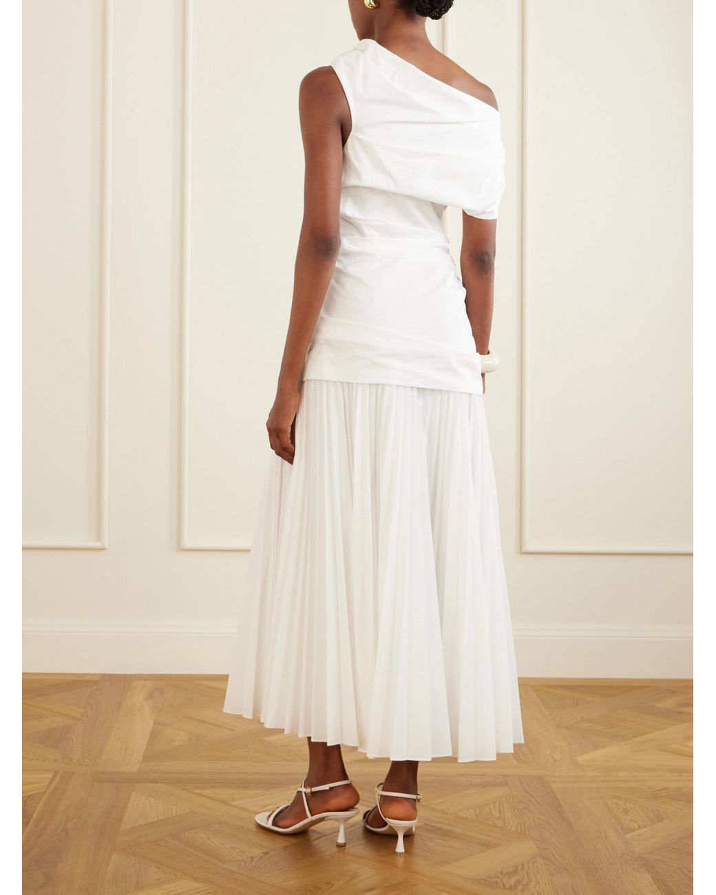 Jonathan Simkhai White Ammalie One-Shoulder Draped Pleated Poplin Midi Dress