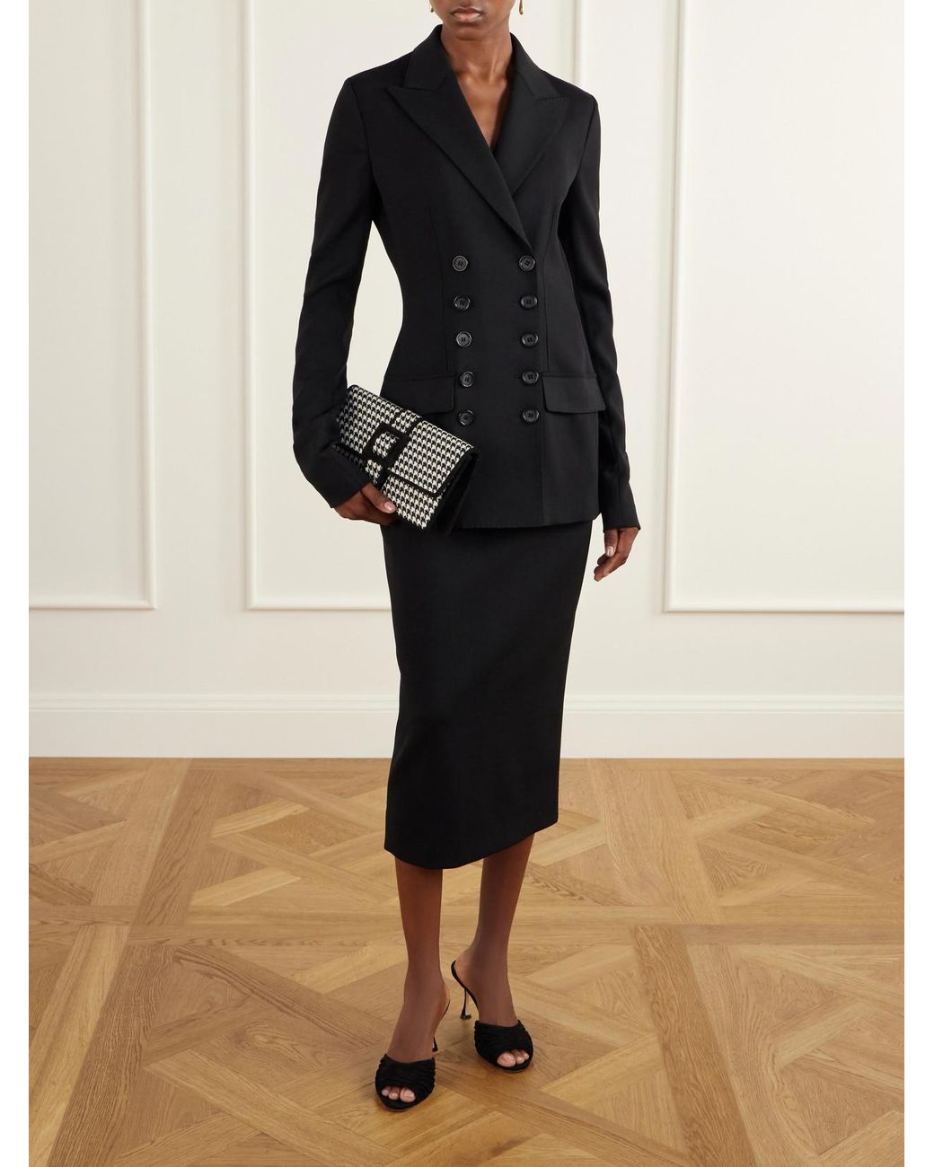 Manolo Blahnik Black Maycap Suede-Trimmed Houndstooth Wool Clutch