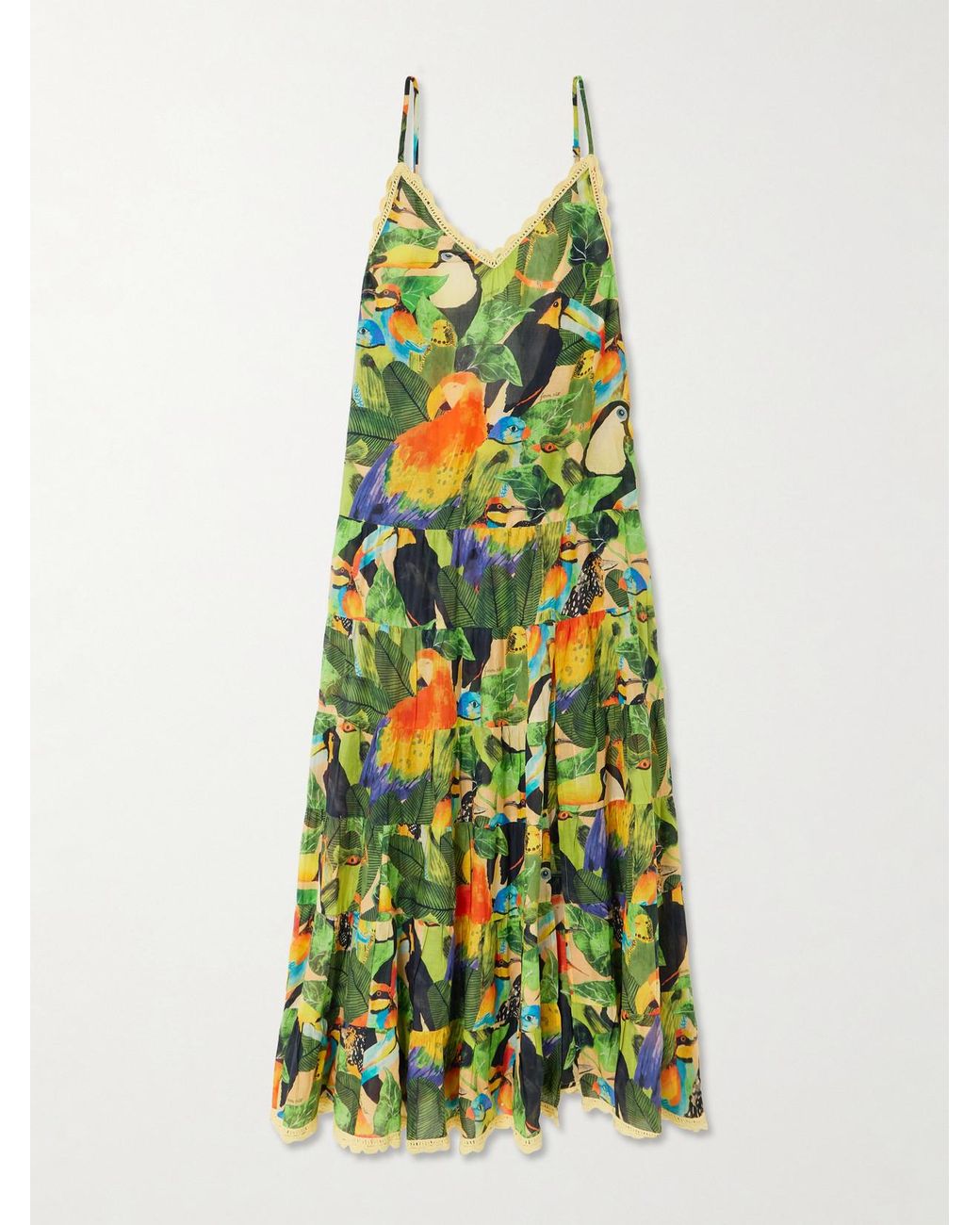 Farm Rio Bird Pattern FARM Rio Bird Leaves Crochet-Trimmed Tiered Printed Cotton Maxi Dress ...
