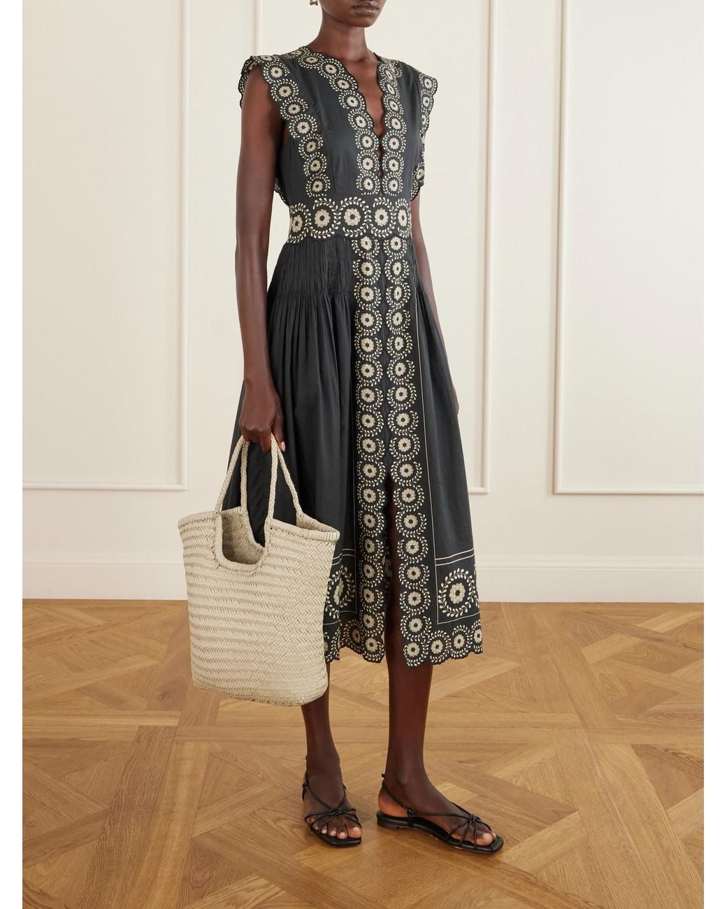 Sea Black Mirabel Scalloped Embroidered Cotton-Voile Midi Dress