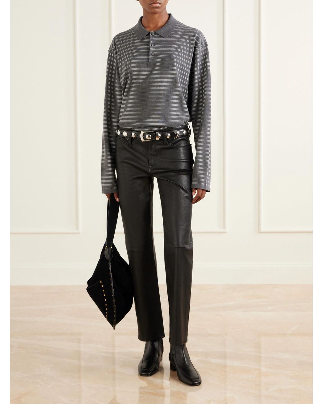 FRAME Black The Cigarette Low-Rise Straight-Leg Leather Pants