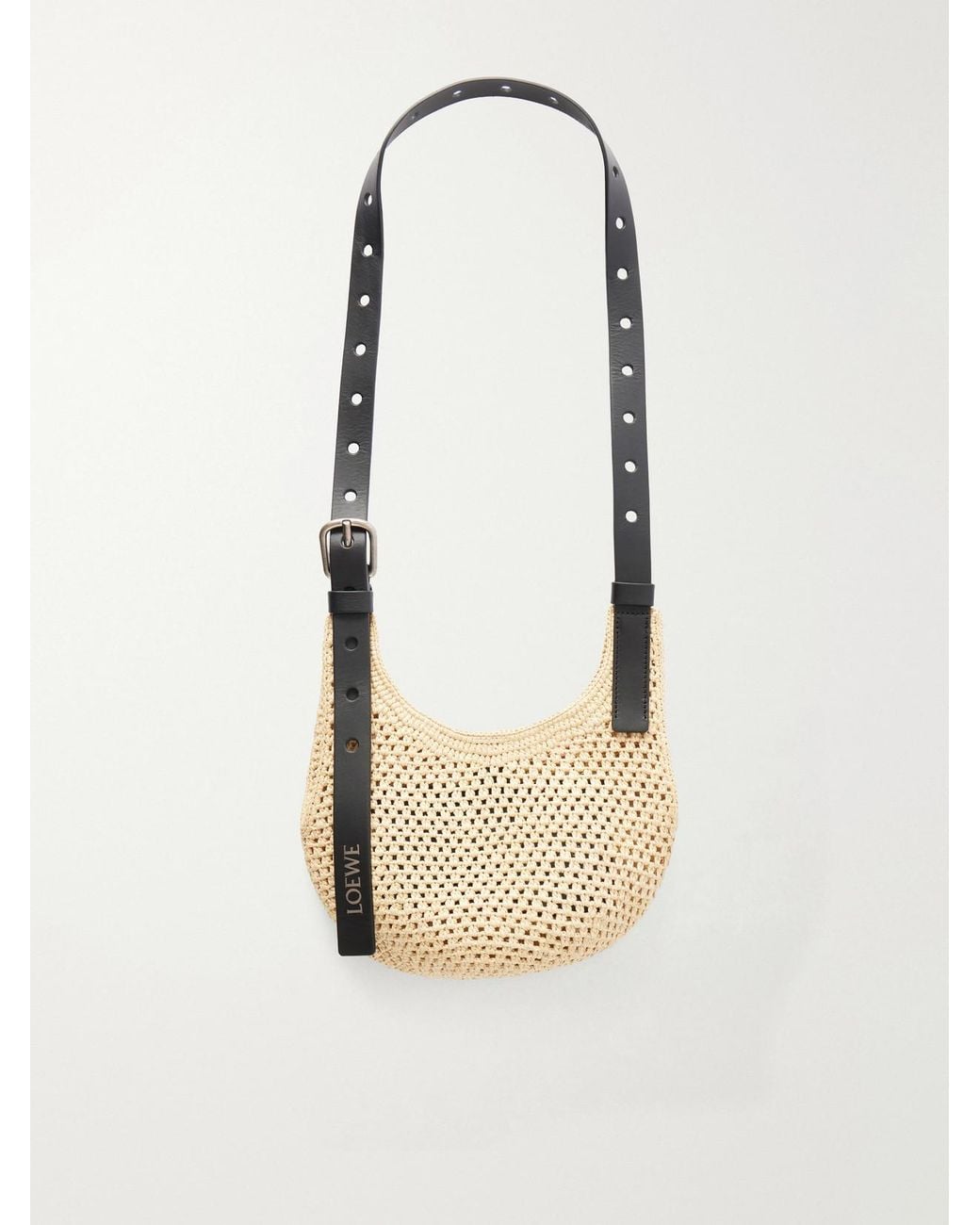 Loewe White Paula's Ibiza Punch Hole Mini Leather-Trimmed Raffia Shoulder Bag