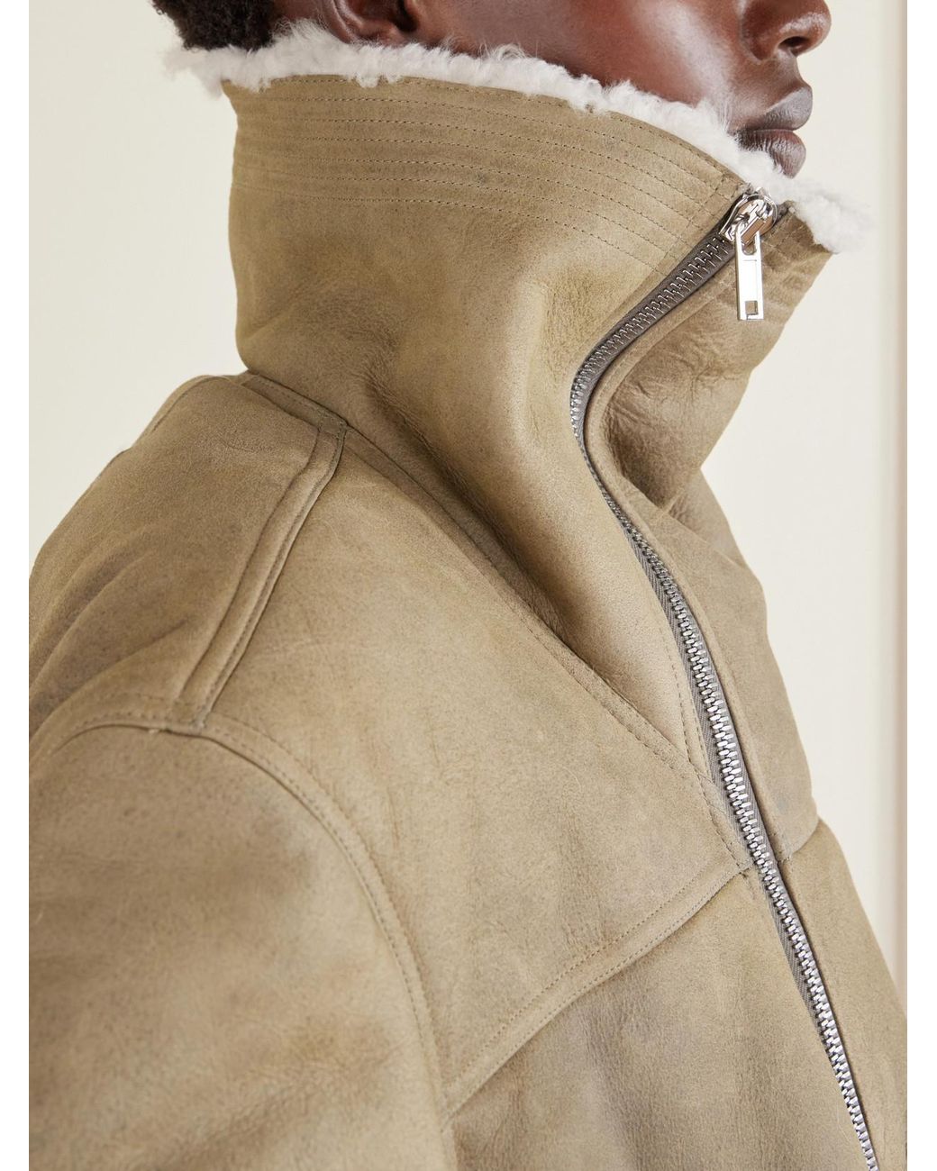 Rick Owens Natural Belted Shearling-Trimmed Suede Jacket
