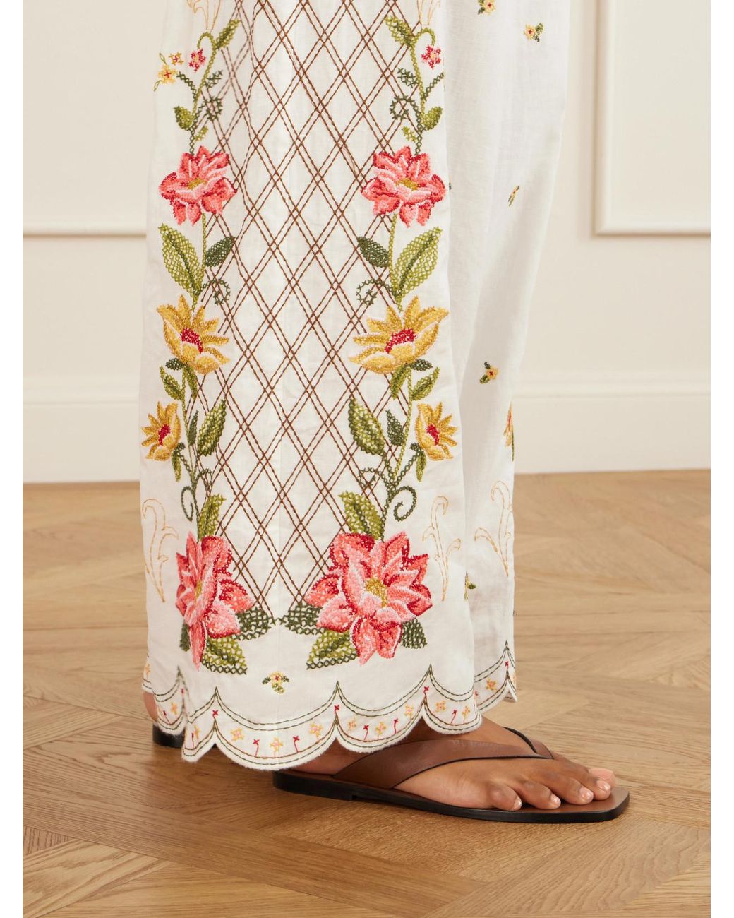 Farm Rio White Embroidered Linen-Blend Wide-Leg Pants