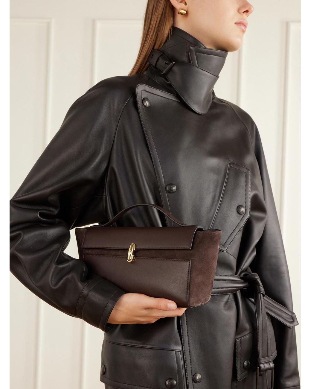 SAVETTE Brown Symmetry Trapeze Leather-Trimmed Suede Top-Handle Bag