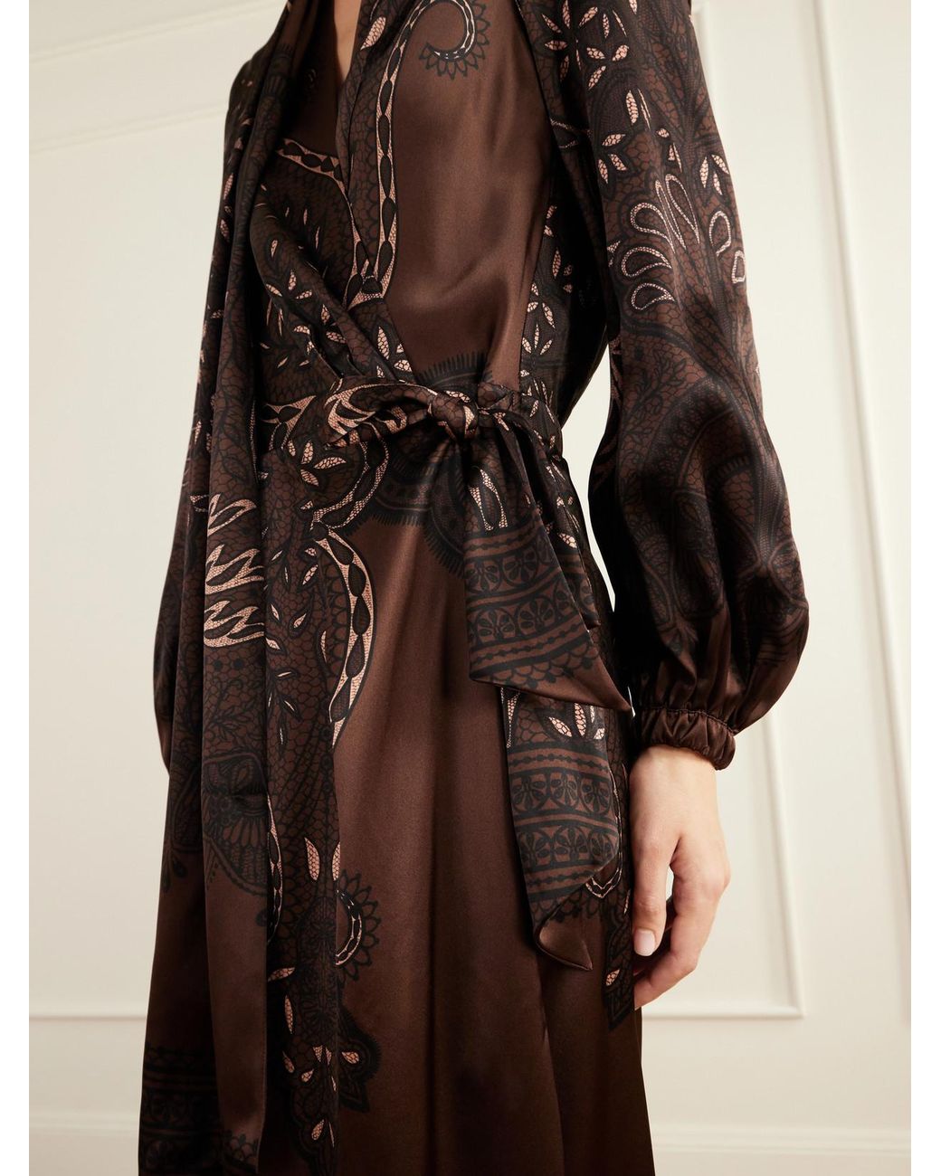 Johanna Ortiz Brown Scarf-Detailed Printed Silk-Satin Maxi Dress