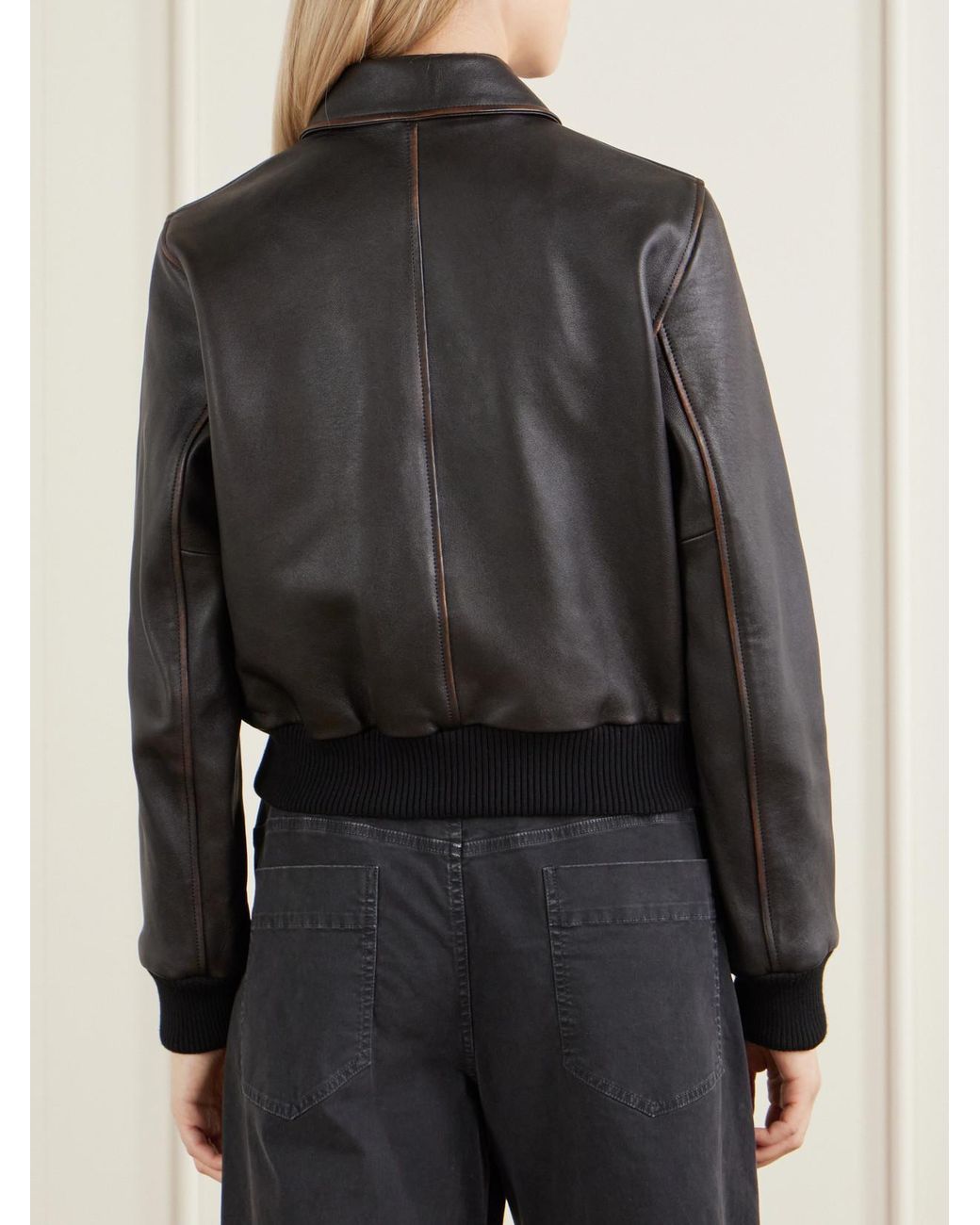 Nili Lotan Black Redley Rib-Trimmed Leather Bomber Jacket