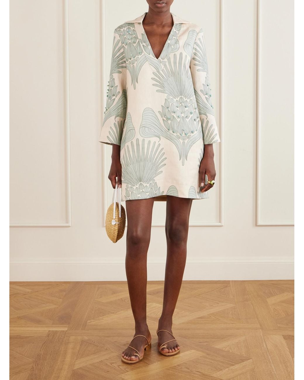 ANDRES OTALORA White Aziza Mia Embellished Printed Linen Mini Dress