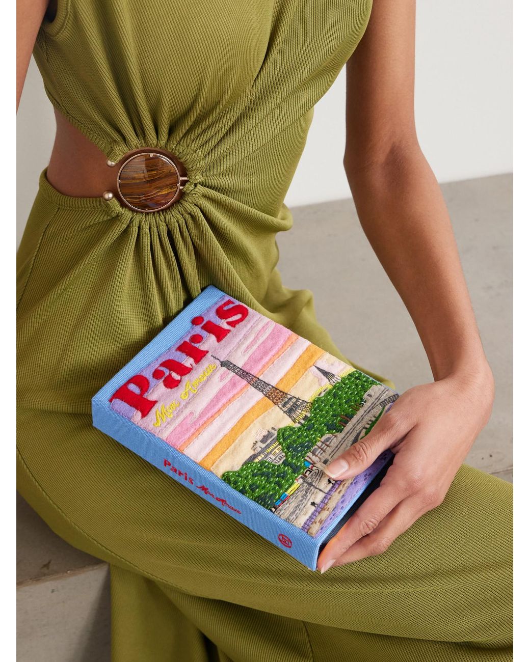 Olympia Le-Tan Green Paris Mon Amour Embroidered Appliquéd Canvas Clutch