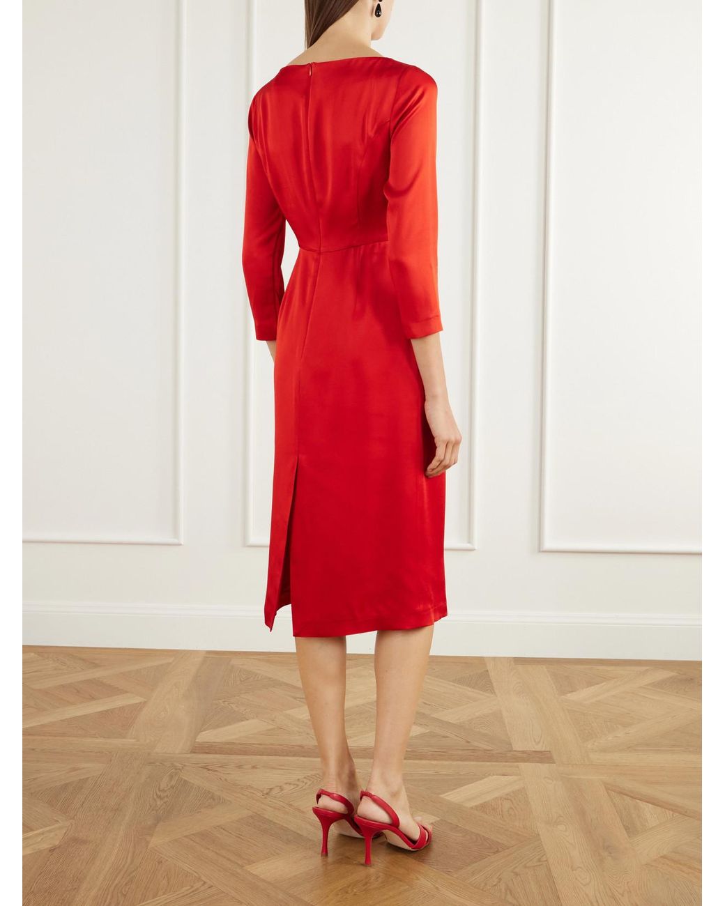 BERNADETTE Red Eleni Bow-Detailed Satin Midi Dress