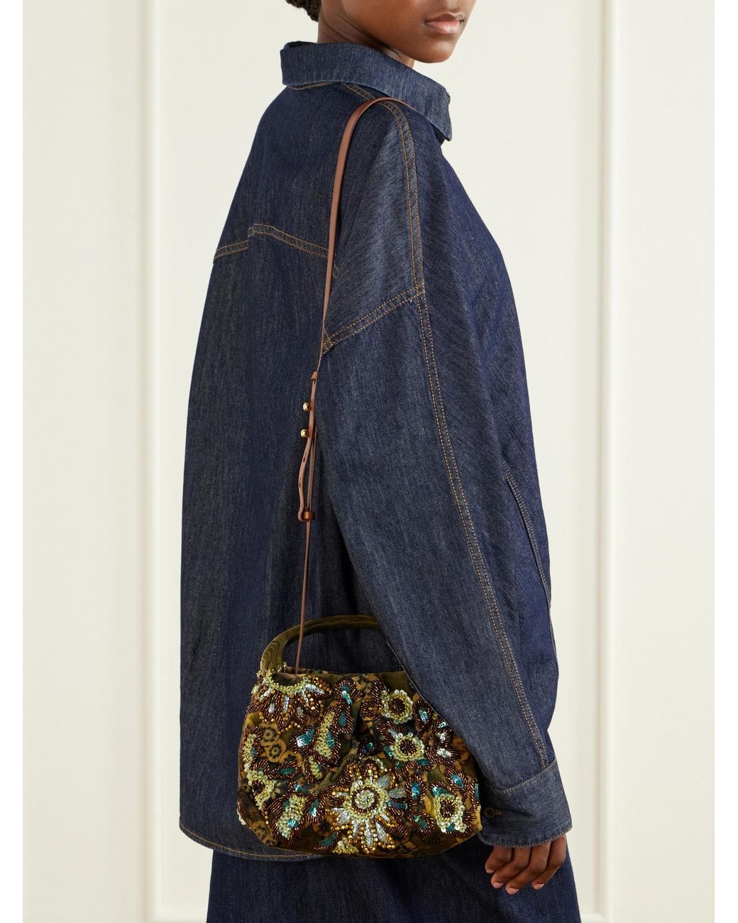 Dries Van Noten Green Bead-Embellished Printed Leather-Trimmed Velvet Shoulder Bag