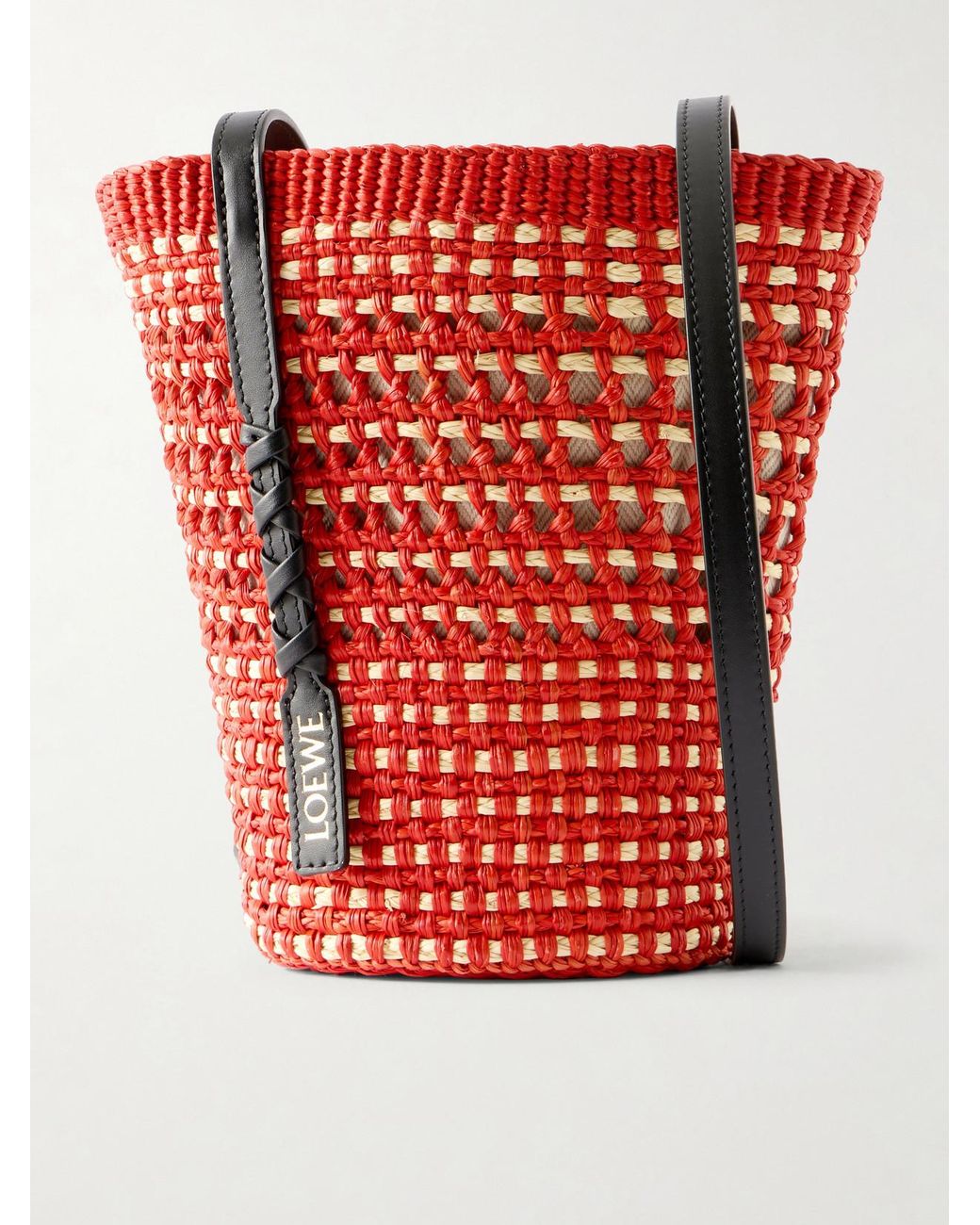 Loewe Red Paula's Ibiza Braid Leather-Trimmed Raffia Shoulder Bag