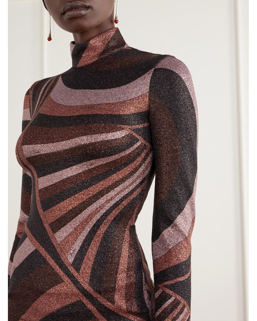 Emilio Pucci Brown Printed Stretch-Jersey Turtleneck Top