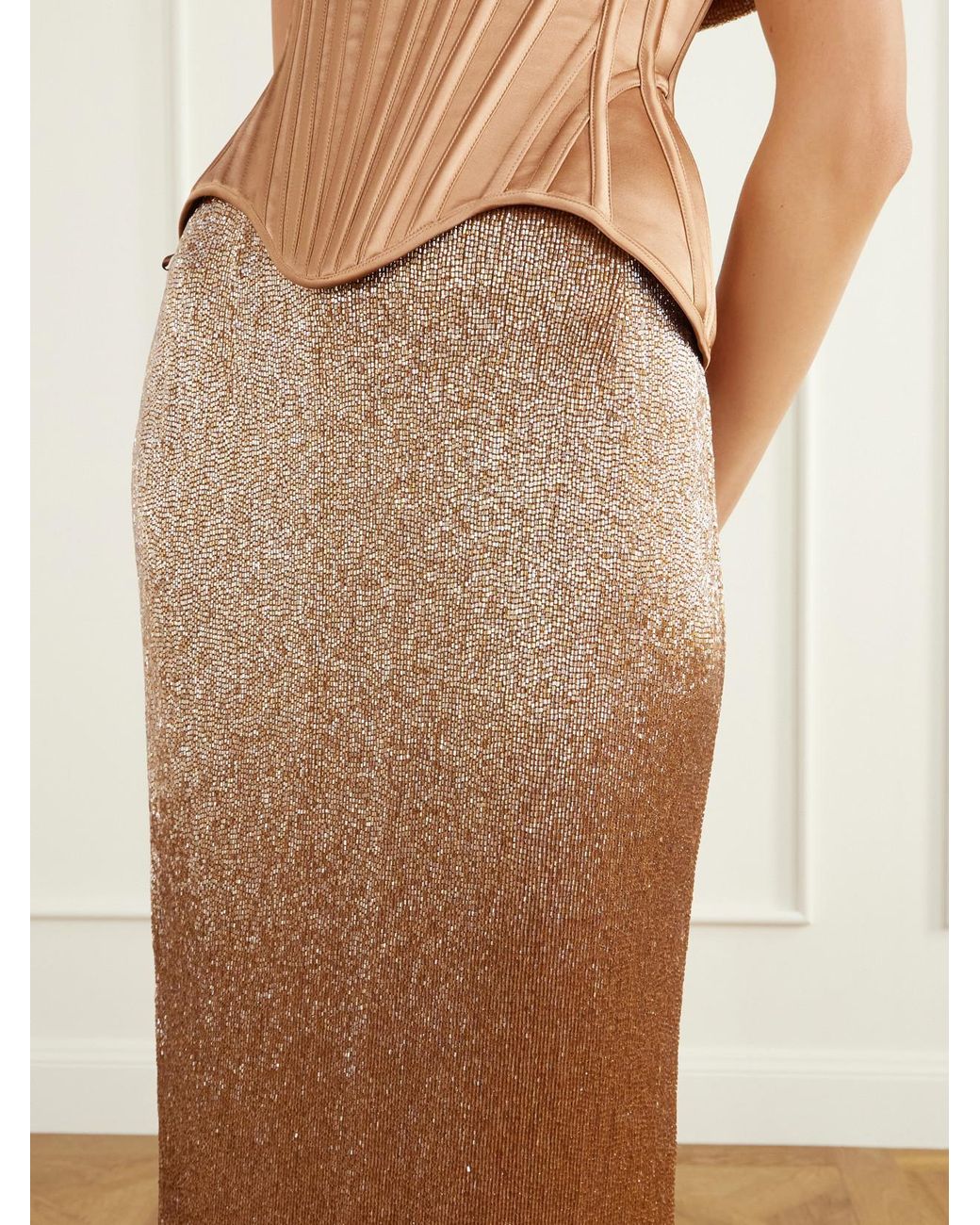 Wiederhoeft Natural Bead-Embellished Mesh Midi Skirt
