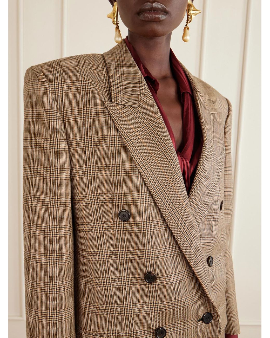 Saint Laurent Natural Double-Breasted Prince Of Wales Checked Wool Blazer